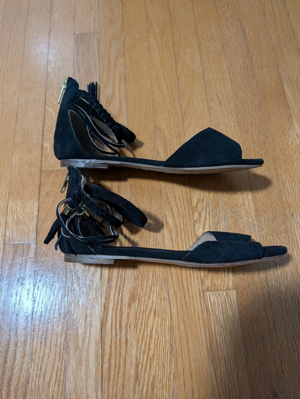 Browns Black Suede Fringe Ankle Zip Flat Sandals Size 6B